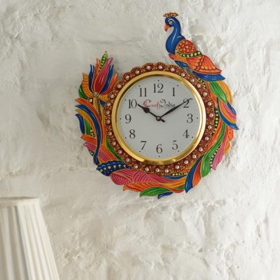 Peacock Analog Wall Clock (Red & Green, With Glass)