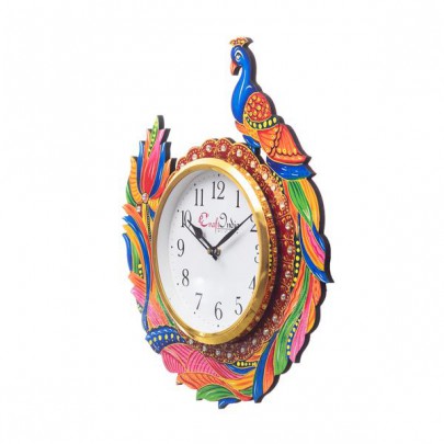 Peacock Analog Wall Clock (Red & Green, With Glass)