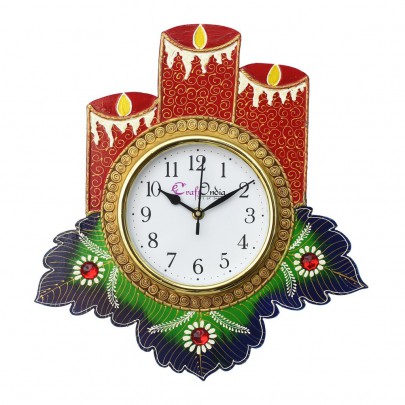 Floral Candle Design Handcrafted Wooden Wall Clock